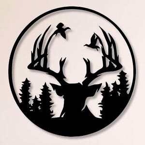 Deer Scene Dxf Svg Png Files , Deer , Horn , Birds , Forest , Trees , Deers , Nature , Wall , Decor , Art , Cut , File , For , Cnc , Plasma