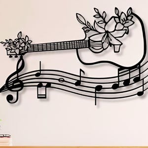 Gitaarmuziek Dxf, Svg, Png, Bestanden, Gitaar, Bloem, Muziek, Notities, Muziek, Kunst aan de muur, Lasergesneden, Voor CNC, Laser, Plasma, Glowforge