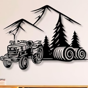 Farm Scene Metal Wall Art: Tractor, Mountain, Rural Decor (SVG, DXF, PNG)