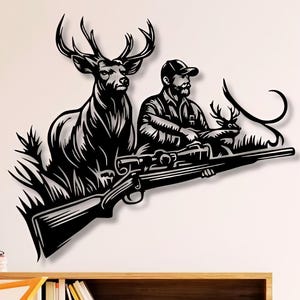 Fichiers Dxf Svg Png chasseur Art mural carabine chasse au chevreuil découpé pour laser plasma CNC Glowforge Cricut Xtool