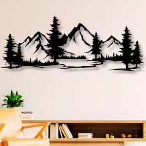 Natuurscène Dxf Svg Png-bestanden Bergen Bomen Berg Bos Uitzicht Scène Besneeuwd, knippen, bestand, voor, CNC, plasma, laser