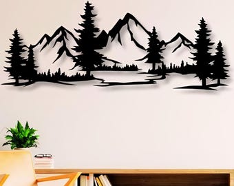 Nature Scene Dxf Svg Png Files Mountains Trees Mountain Forest View Scene Snowy , Cut , File , For , Cnc , Plasma , Laser