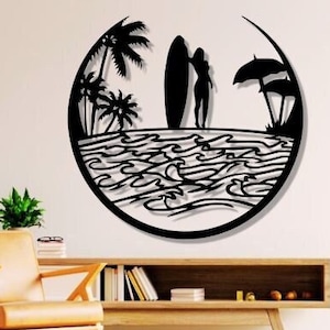 Summer Dxf , Svg , Png , Files , Surf , Girl , Palms , Sea ,  Waves , Wave , Scene , For , Cnc , Plasma , Laser
