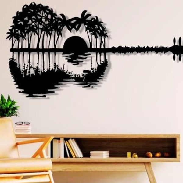 Guitar Sunset Dxf Svg Png Files , Sunset Wall Decor Sun Sea Palm Trees Music Romantic Cut File For Cnc Plasma Laser Glowforge