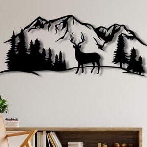 Escena de la naturaleza (DXF, SVG, PNG) - Paisaje de ciervos, árboles de montaña, arte mural, corte láser, para CNC, láser, plasma y Glowforge