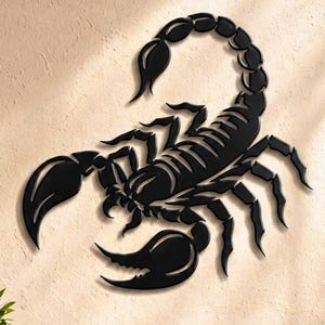 May include: A black metal scorpion wall art piece. The scorpion is depicted in a detailed silhouette, with prominent claws and a curved tail. The artwork is mounted on a light-colored wall, adding a decorative touch to the space.