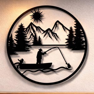 Fichiers Svg Dxf Png, fichiers art mural Fisherman Lake scène