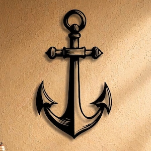 May include: A black metal anchor wall decoration. The anchor is fixed to a textured, beige wall. The image also shows a wooden cabinet, a leather chair, and pendant lights, creating a nautical-themed interior design.