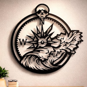 Skull Compass Sea Wave (svg, dxf, png), CNC Laser Cut File