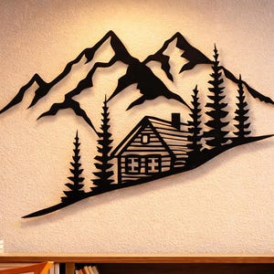 Arquivos SVG, DXF e PNG para decoração de parede com tema de chalé, paisagem de montanha, arquivos para corte a laser.