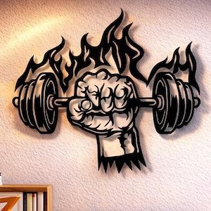 Power Dxf Svg Png Files , Hard Train , Trainer , Fitness , Sport , Dumbell , Fire , Motivation , Force , Wall , Art , Cut , File , For , Cnc