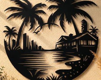 Beach Scene Dxf Svg Png Files Wall Art: Palm Trees, Sea, CNC Laser