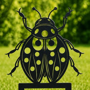 Può includere: Paletto da giardino a forma di coccinella in metallo nero. La coccinella ha un design ritagliato dettagliato con punti circolari sulle ali. Il paletto è inserito nel terreno, perfetto per aggiungere un tocco decorativo a un giardino. La coccinella misura circa 25 cm di altezza.