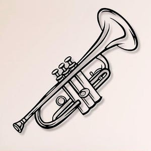 May include: A monochrome metal trumpet wall decoration. The trumpet is positioned diagonally on a white wall. This wall art is a decorative item, perfect for music enthusiasts, and adds a touch of elegance to any room.