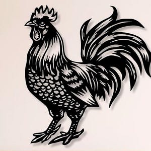 May include: A black metal rooster wall decoration. The rooster silhouette features detailed feather patterns and a prominent comb. The artwork is mounted on a neutral wall, creating a striking contrast. A decorative item for the home.