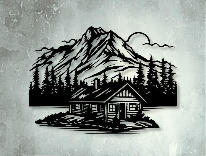 Nature House Dxf Svg Png Files Mountain Lake Wood House Scene Cut File ...