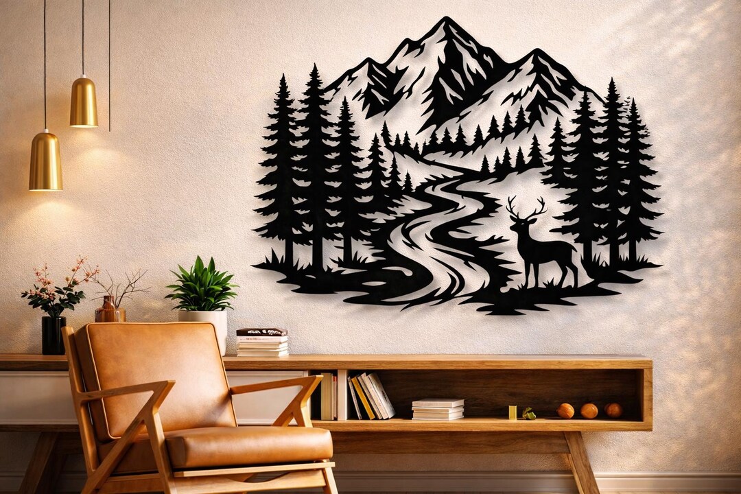 Mountain Scene Dxf Svg Png Files Nature Deer Pine Trees Wall Art Cut ...