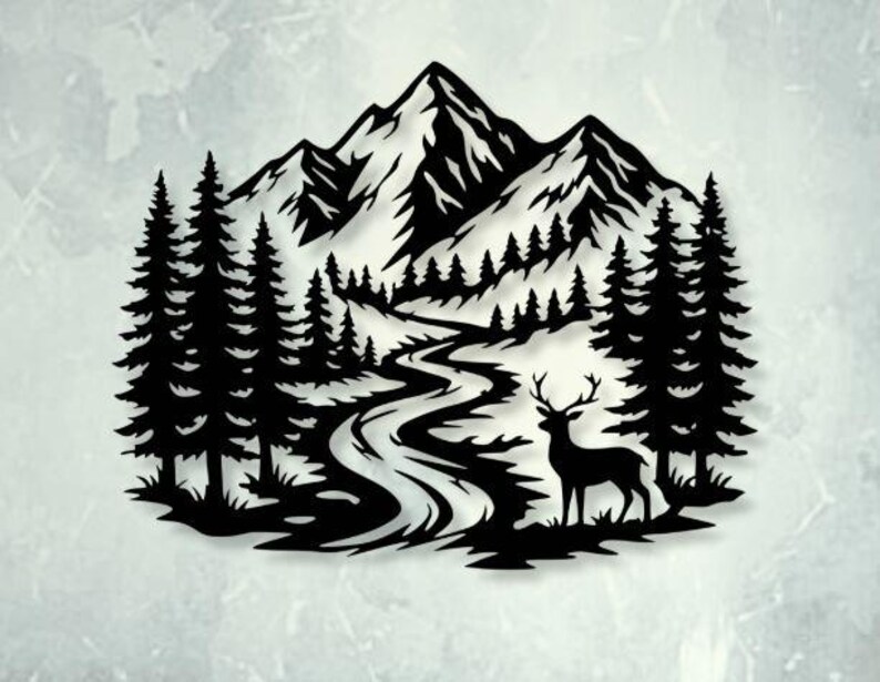 Mountain Scene Dxf Svg Png Files Nature Deer Pine Trees Wall Art Cut ...