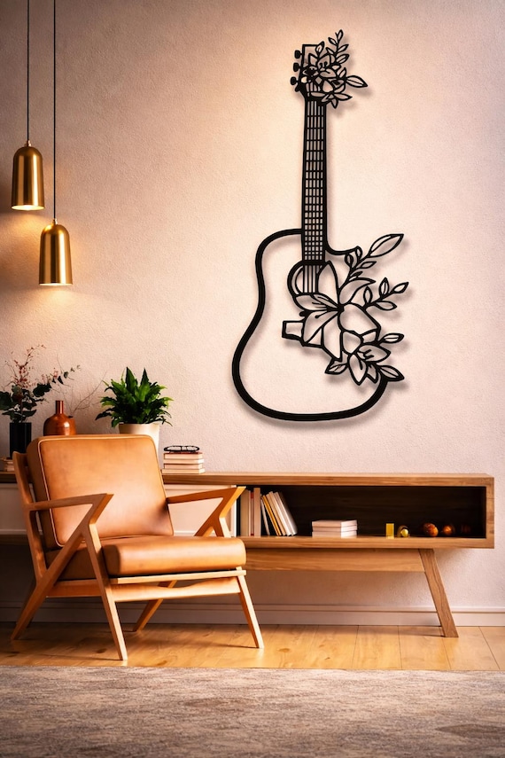 Guitar With Flowers Metal Wall Art, CNC Laser Cut Files (svg, Dxf
