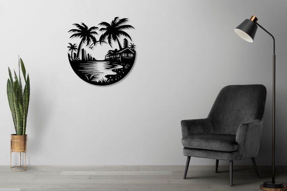 Beach Scene Dxf Svg Png Files Wall Art: Palm Trees, Sea, CNC Laser