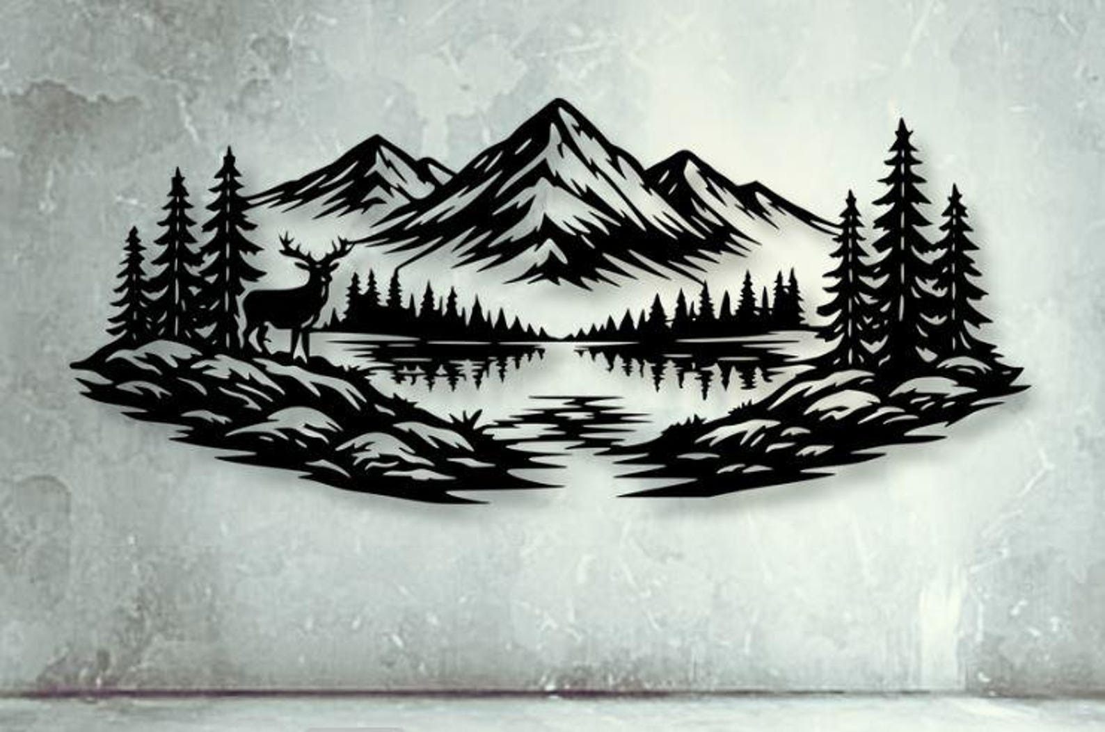 Nature Scene Dxf Svg Png Files Mountain Pine Trees Lake Vector for Cnc ...