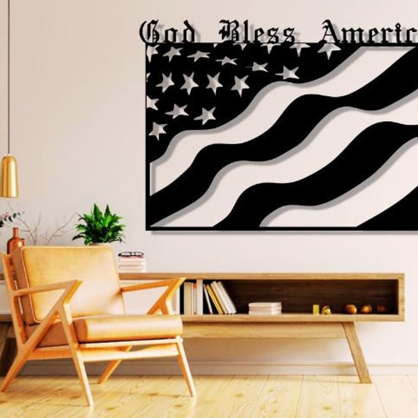 God Bless America Dxf Svg Png Files, USA , Flag , Waving , Waves , America , Wall , Art Decor Cut File For Cnc Plasma Laser Glowforge