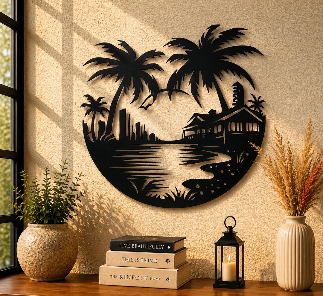 Beach Scene Dxf Svg Png Files Wall Art: Palm Trees, Sea, CNC Laser