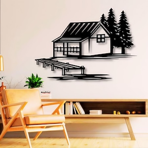 Lake House Dxf , Svg , Png , Files , Pier , Dock , Lake , Trees , Forest , House , Home , Near , Scene , View , Landscape , Cut , For , Cnc
