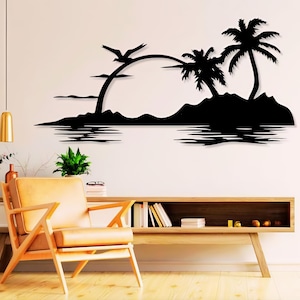 File Dxf Svg Png di scena estiva, estate, isola, alberi, palme, tramonto, sole, mare, arte murale, file di taglio per laser al plasma CNC Glowforge