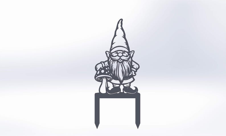 May include: A dark grey metal garden stake featuring a gnome holding a mushroom. The gnome has a long beard and a pointed hat. It is standing on a rectangular base with two pointed stakes for the garden.