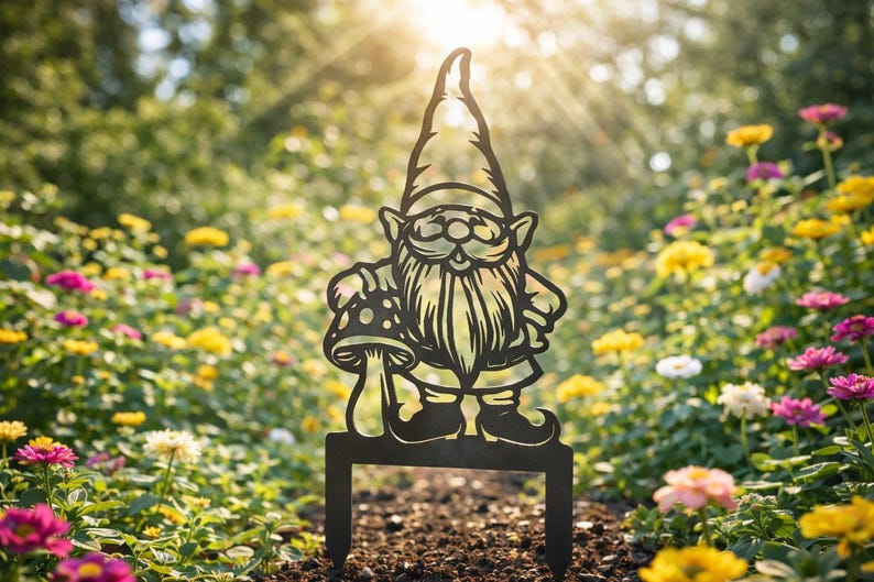 May include: A black metal garden gnome silhouette with a mushroom, set in a flower garden. The gnome has a long beard and a pointed hat. The background features colourful flowers and sunlight.
