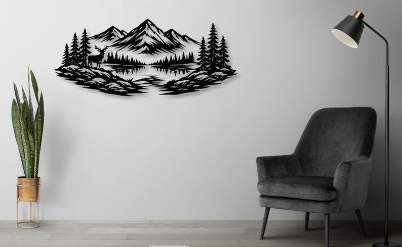 Nature Scene Dxf Svg Png Files Mountain Pine Trees Lake Vector for Cnc ...