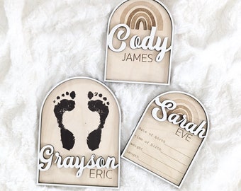 Newborn Baby Name Sign, Baby Photos, Baby Photo Prop, Personalized Baby Plaque, Newborn Footprints, Engraved Baby Birth Stats Plaque