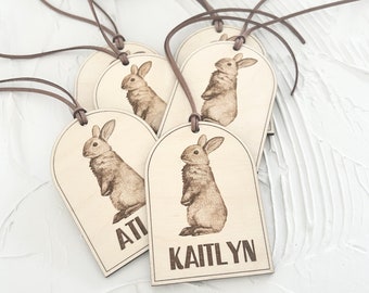 Personalized Engraved Wood Easter Basket Tag, Vintage Bunny Decor