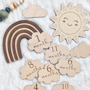 Hitos mensuales del bebé de madera, Hitos de madera, Accesorios fotográficos, Hitos del bebé arcoíris, Regalo de baby shower, Anuncio de nacimiento, Regalo de mamá primeriza