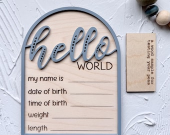 Placa de anuncio de bebé "Hola Mundo", letrero con estadísticas de nacimiento para recién nacidos, género neutro
