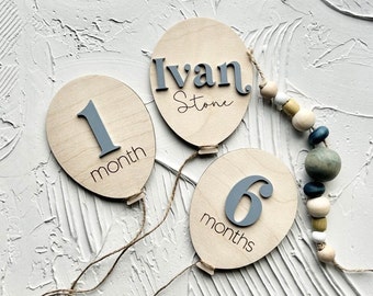 Discos de hitos mensuales con globos 3D: Accesorios para fotos de recién nacidos, Madera de abedul