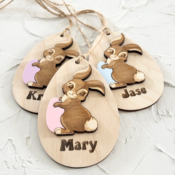 Personalized Wooden Easter Name Tags, Laser Engraved Bunny Decor, Egg Basket Decoration, Personalised Easter Eggs, Boho Decor