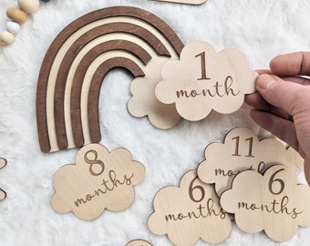 Wooden Baby Monthly Milestone Discs: Rainbow Boho Photo Props