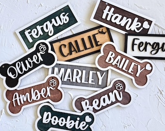 Letrero de madera personalizado con el nombre de tu mascota, placa personalizada para jaula de perro, con forma de hueso o rectángulo.