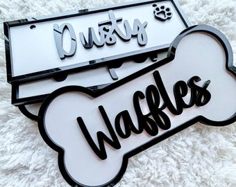 Letrero personalizado con nombre de mascota: placa moderna para perrera en blanco y negro