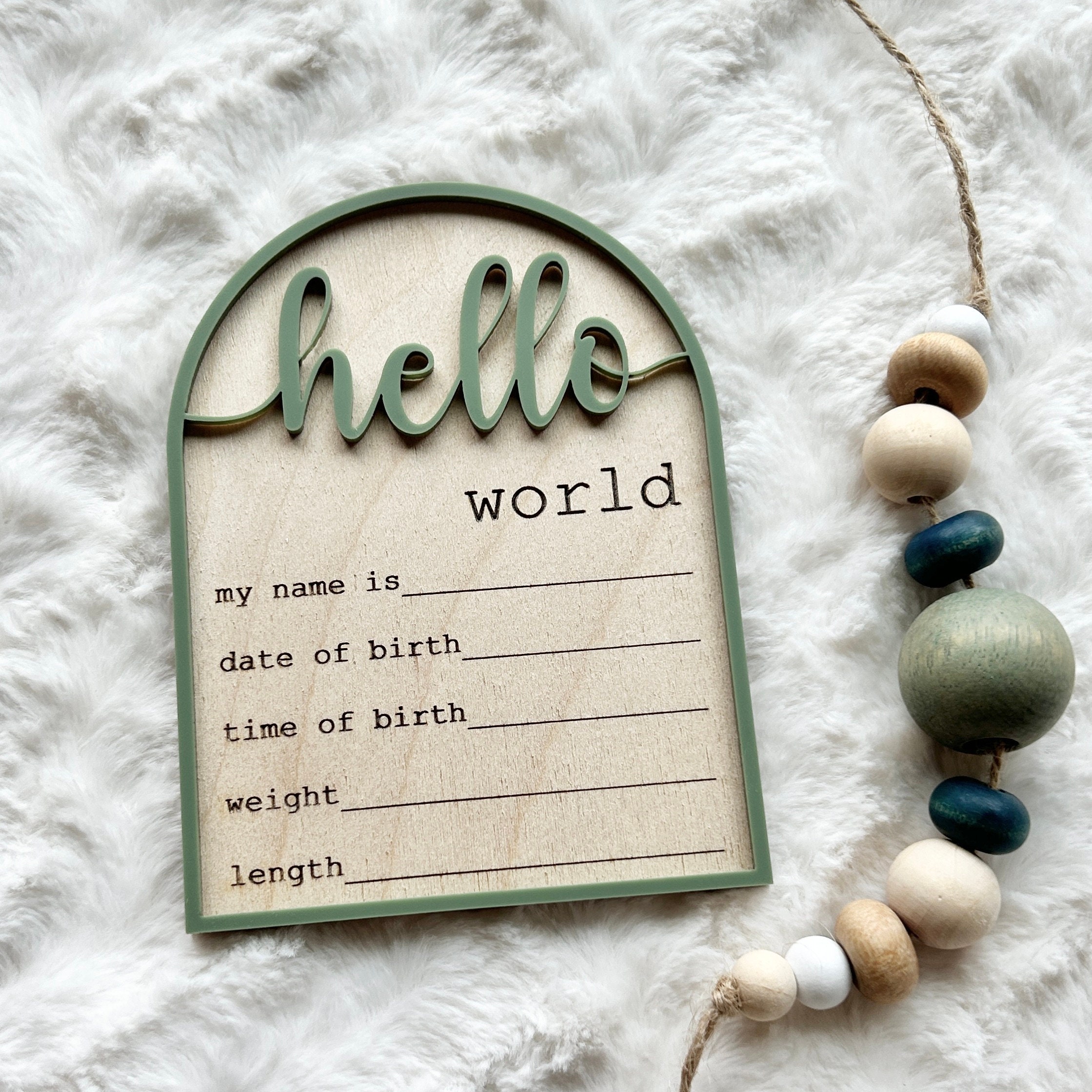 Laser-Etched Baltic Birch Birth Announcement Sign - Hello World Baby Name Plaque