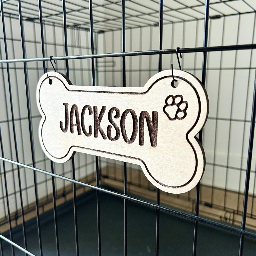 View of Custom Wooden Dog Crate Name Sign: Bone or Rectangle Pet Plaque - Etsy