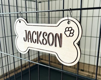 Letrero de madera personalizado para jaula de perro: placa rectangular o de hueso