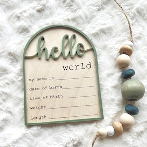 Hello World Birth Announcement Sign, Engraved and Acrylic Baby Photo Prop