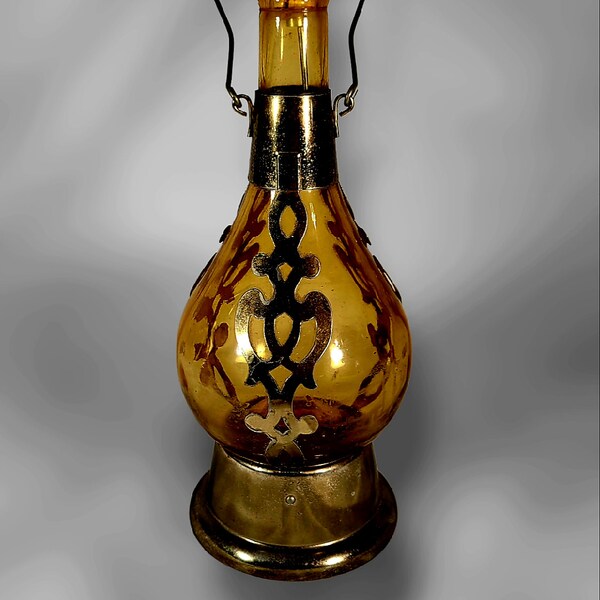 Vintage Amber Glass Decanter Music Box Bottle w/Brass Accents Schmid