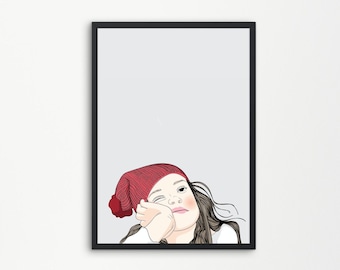 Bored Girl Printable Wall Art, Feminine Wall Art, Office Print, Bedroom Wall Art, Girls Poster, Home Decor, Dorm Poster, Girl In Beanie