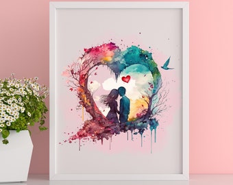 Watercolour Couples Love Print, Love Heart Wall Art, Couple Love Dream, Lovers Heart Printable Wall Art, Home Decor, Lounge Wall Art