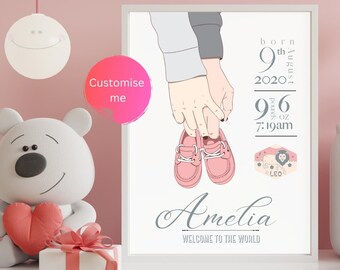 Personalised Baby Name Print, Christening Gift, New Born Girl, Nursery Art Baby Gift, Printable Wall Art, New Baby Keepsake, Birthday