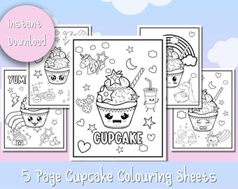 5 Page Cupcake Colouring Sheets, Girls Colouring Book, Colouring Sheets, Printable Colouring Book, Activity Book, Kawaii Colouring Book, PDF